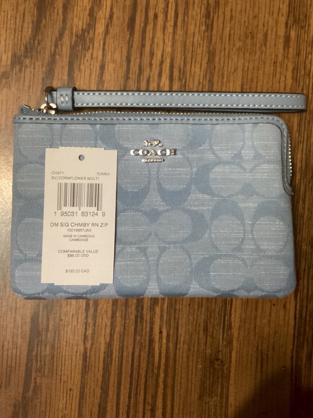 Coach Corner Zip Wristlet in Signature Chambray, Cornflower Blue, NWT
